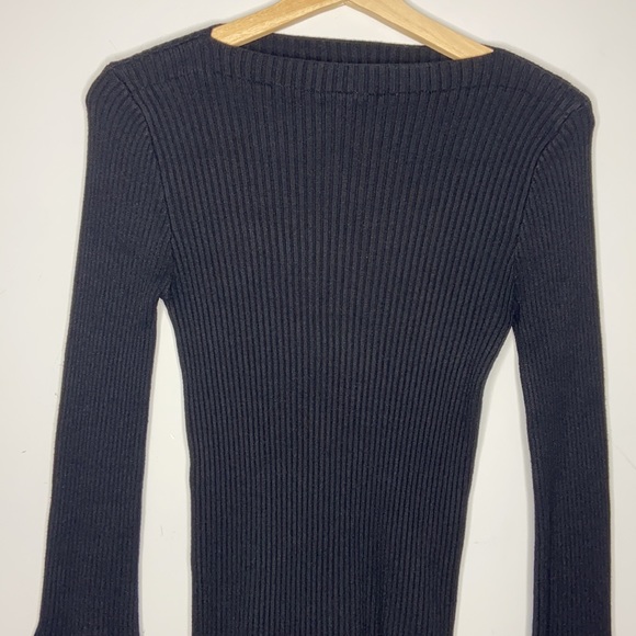 Black Ribbed Long Bell/Flare Sleeve Top - Picture 2 of 9